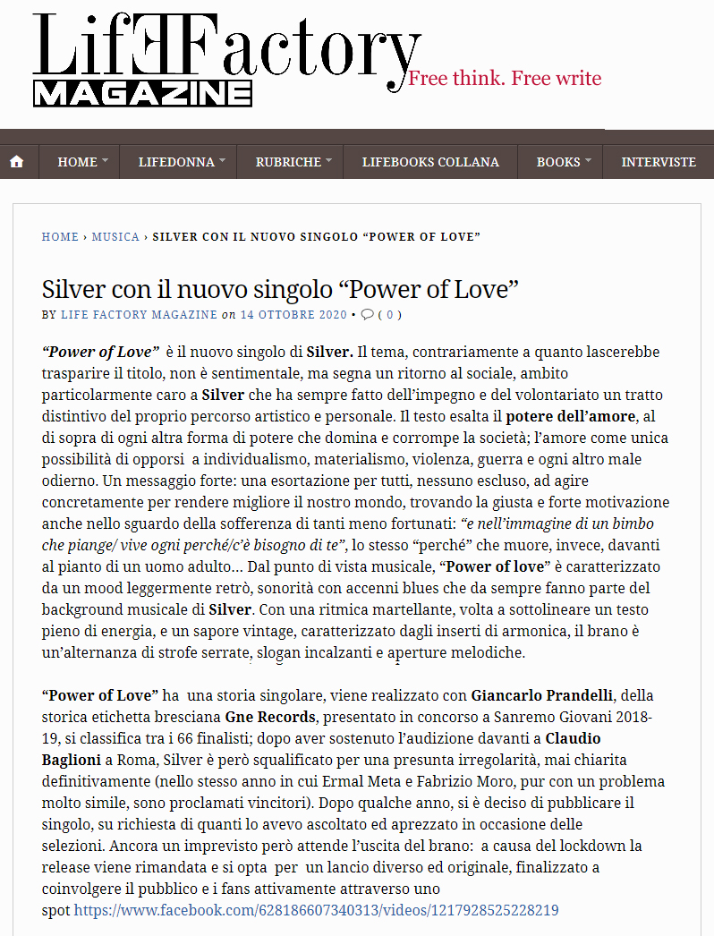 Silver su LifeFactory Magazine (14-10-2020)